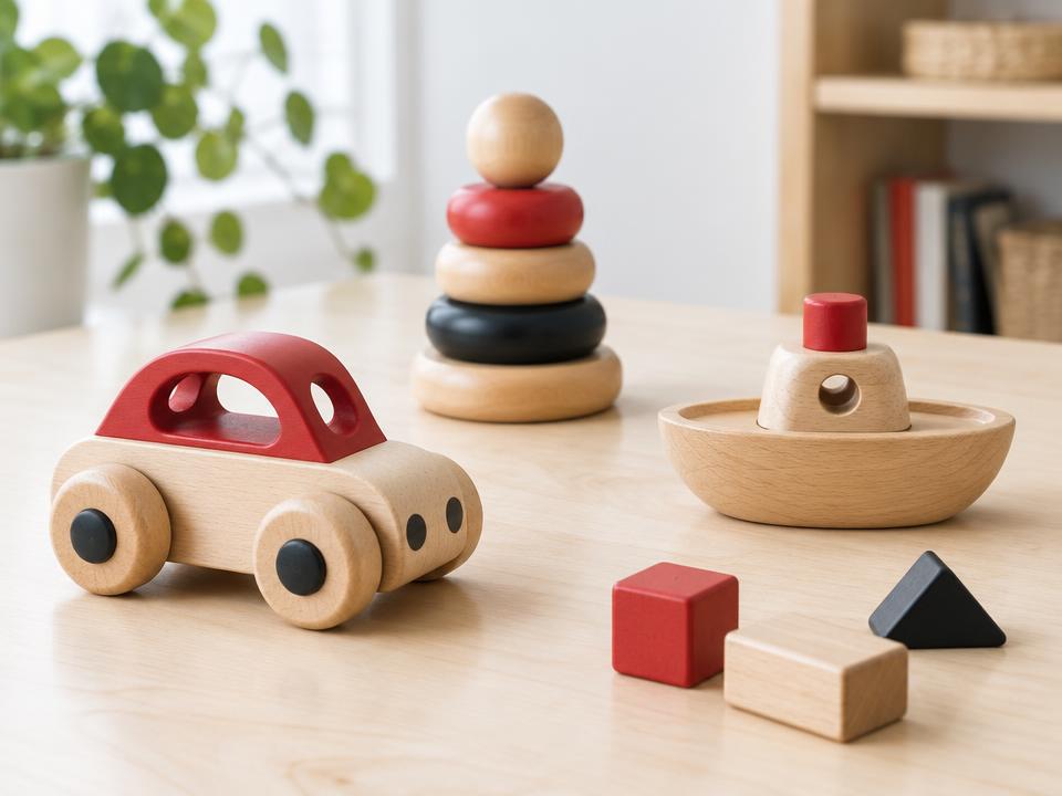 Simple wooden toys on a light birch table: a painted toy car, stacking blocks and a small boat.