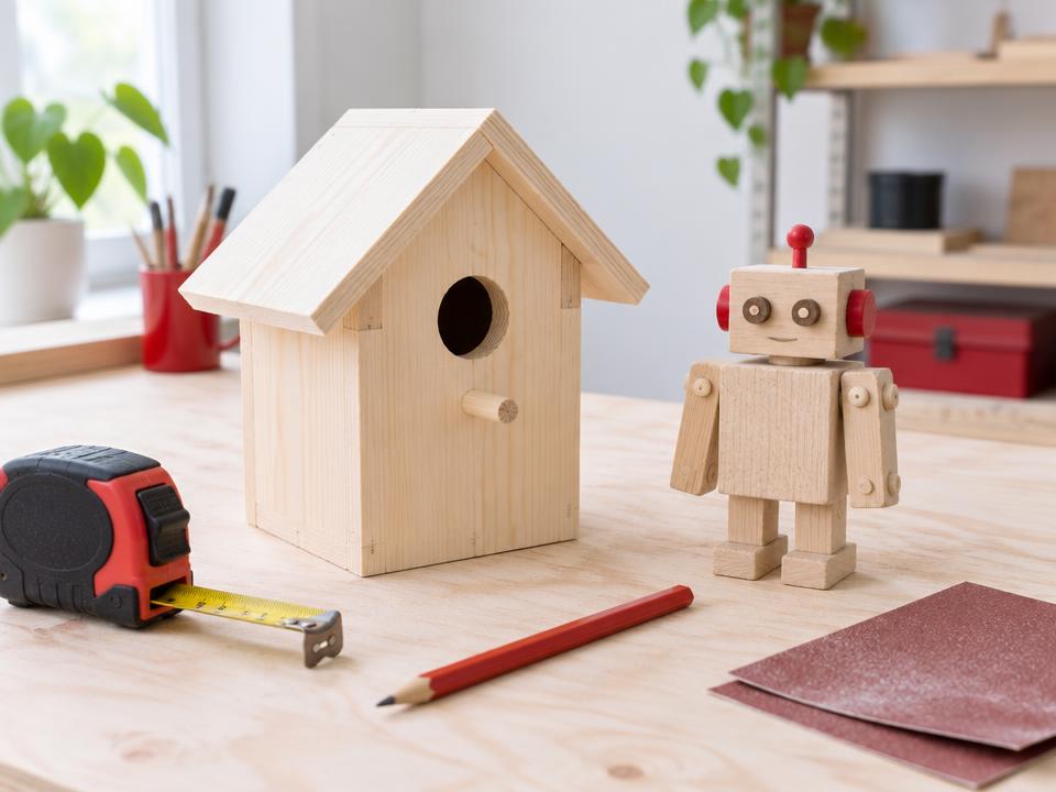 A wooden birdhouse and a small jointed wooden robot on a bench beside a tape measure and pencil.